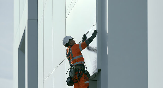 Panel installers are affixing components to the exterior of a modern structure with a gentle lighting, focusing on architectural design and engineering principles