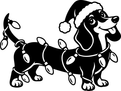 Christmas Dachshund Wearing Santa Hat and Christmas Lights