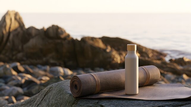 Rolled yoga mat and reusable water bottle on a rocky coastal beach