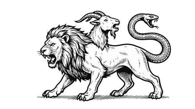 Mythological chimera creature vintage etching line art vector illustration for fantasy story design concept isolated on white background