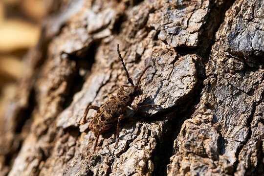 Longhorn beetle camouflaging on textured tree bark