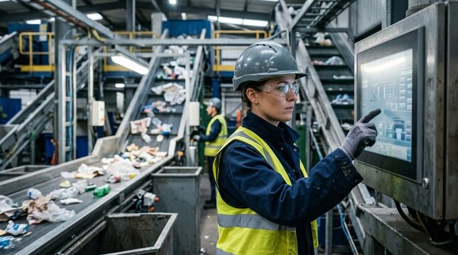 Female engineer wearing safety gear operates machinery in a busy recycling facility