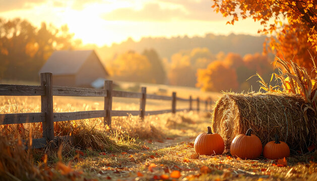 Rural fall scene with wooden fence hay bales pumpkins and dried corn with warm painterly rustic mood generative AI