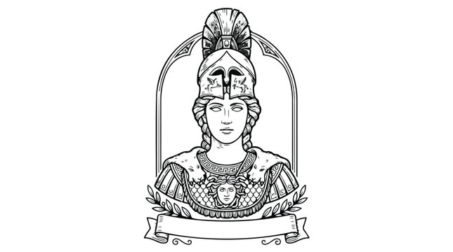 Athena Greek goddess hand drawn line art engraving for mythology and wisdom concept with helmet and olive branch frame
