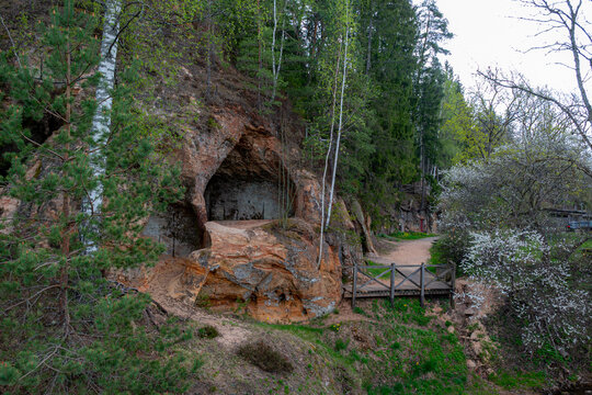 A beautiful spring landscape with sandstone outcrops on the banks of the Ligatne River,