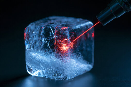 A red laser beam shines into a glowing ice cube on a dark background.