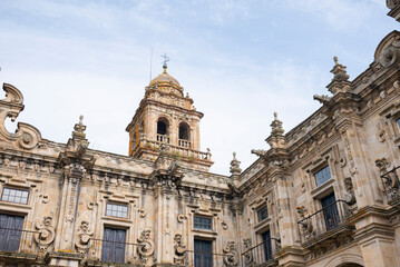 Fototapeta premium Celanova Monastery ornate historical stone facade with balconies in Galicia The Concept of baroque art and history