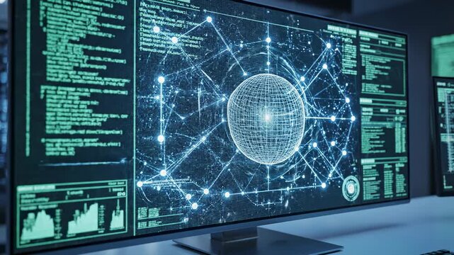 Advanced Data Center: A Glimpse into Future Technology with High-Performance Servers, Interactive Displays, and Complex Data Visualizations