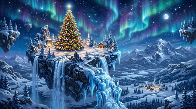 Illuminated Christmas tree on a floating island with aurora borealis sky