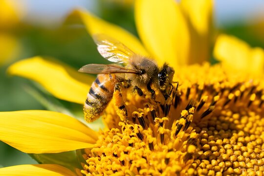 Honey bee collecting pollen on yellow sunflower