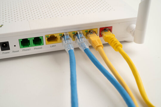 Ethernet cable with wireless router connect to internet service provider network.