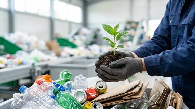 Hands holding a young plant growing from soil amidst a pile of recyclable materials in a processing facility