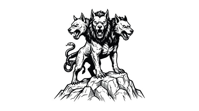 Three headed hound Cerberus hand drawn vintage engraving style vector illustration for Greek mythology tattoo design isolated on white background