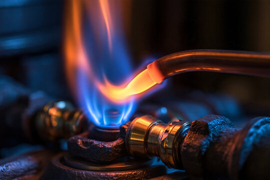 A bright blue and orange gas flame ignites from a metal burner in a dimly lit industrial setting.