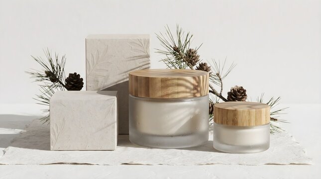 Premium sustainable cosmetic packaging displayed with elegant neutral containers, natural decorative elements, and minimalist product styling.