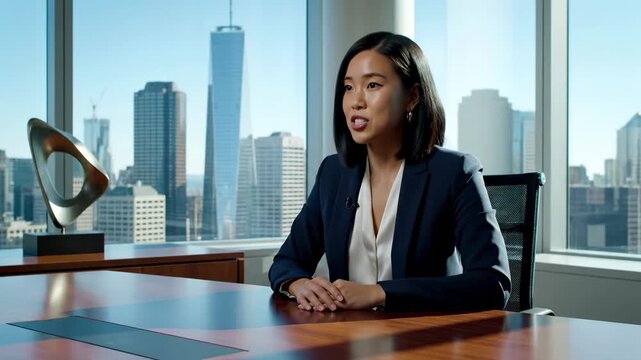 A Professional Female Speaker Engages Enthusiastically in a Corporate Office with a City Skyline View, Showcasing Confidence and Expertise in Business Dialogue.