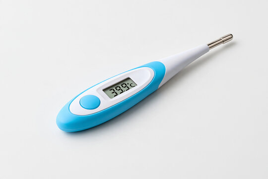 A digital thermometer displaying a high fever reading isolated on white background.