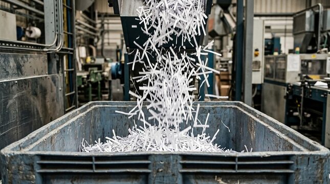 Industrial shredder processing shredded paper into a bin at a recycling facility, capturing the dynamic motion of material destruction.