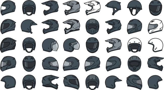 Motorcycle Helmet Mega Icon Set featuring Full Face Motocross Open Face and Racing Head Protection Gear Illustrations for Biker and Automotive Sports Graphic Designs