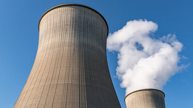 Concrete cooling tower viewed from dramatic low angle beneath blue sky, with white vapor creating industrial atmosphere
