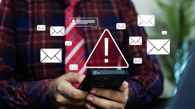 Holographic phishing alert on smartphone, Businessman holding a smartphone with hologram warning symbol and floating email icons, showing phishing, spam, cyber security, and suspicious message alerts.