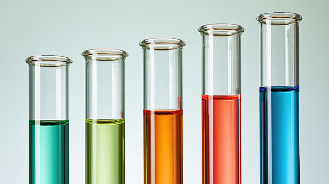 Laboratory test tube glass container colored liquid scientific experiment transparent vessel arranged ascending height with turquoise, green