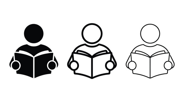 Set of three reading person icons, simple vector illustrations of a person holding an open book, solid, thick line, and thin line styles