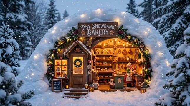 Cozy Christmas bakery shop nestled inside a snow covered igloo in winter
