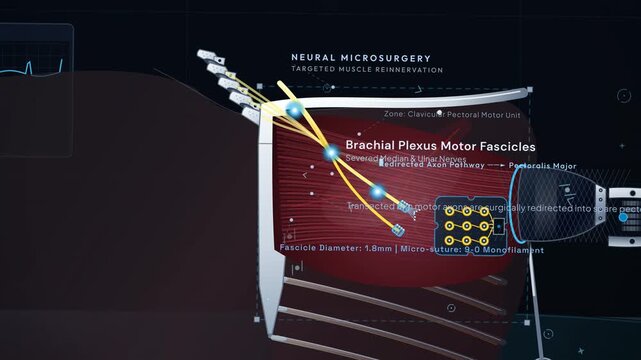 Medical animation of targeted muscle reinnervation surgery redirecting severed nerves to chest muscle for controlling a bionic prosthetic arm via epidermal sensors in a seamless mind to motion loop