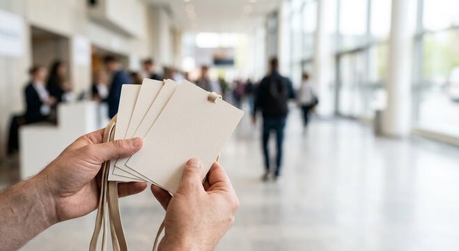 Hands holding blank event passes with blurred venue background