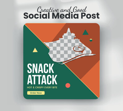 Snack attack crispy samosa fast food restaurant promotion web banner template
