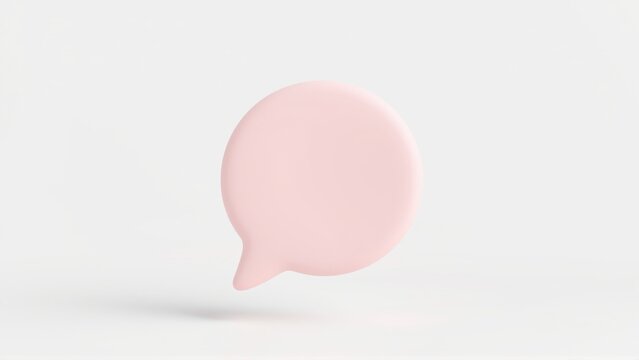 Pink speech bubble floats above surface. Minimalist design, soft lighting, clean aesthetic. Simple communication symbol.