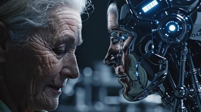 An intense face-off between the wisdom of age and the cutting-edge technology of a humanoid robot, highlighting the intersection of humanity and artificial intelligence.