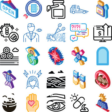 Collection of colorful icons featuring various concepts including medical services, business growth, environmental concerns, health, technology, and daily life elements on a clean white background