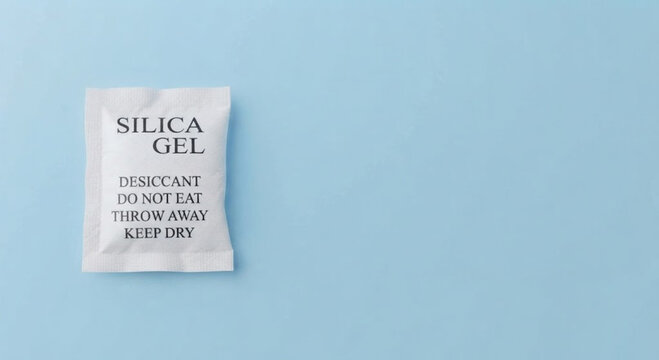 Single White Silica Gel Desiccant Sachet with Warning Text on Light Blue Background with Negative Space