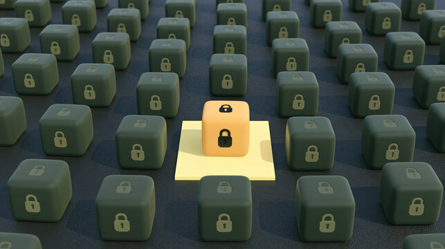 Matte green cube security lock pattern with one bright yellow paper, showing data protection concern