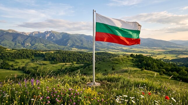 Bulgarian national flag waving on flagpole in Balkan Mountains landscape with summer wildflowers and blue sky