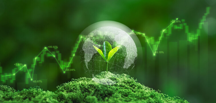 Green seedling growing on moss with a digital globe and rising stock market chart, symbolizing sustainable investment, financial growth, green business, and global economic progress.
