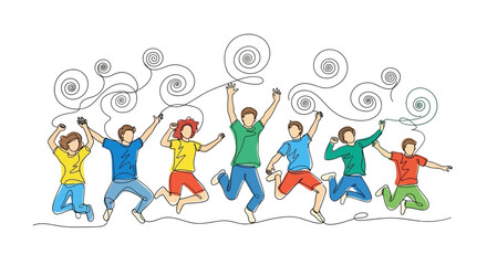 Fototapeta premium Diverse group of people jumping and celebrating with abstract swirling lines, single line drawing illustration