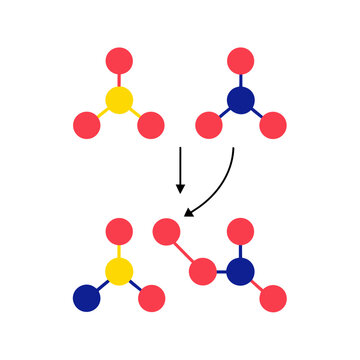 Chemical reaction educational vector illustration showing reactant molecules transforming into products, molecular bonds changing during a reaction, professional chemistry concept for textbook, classr