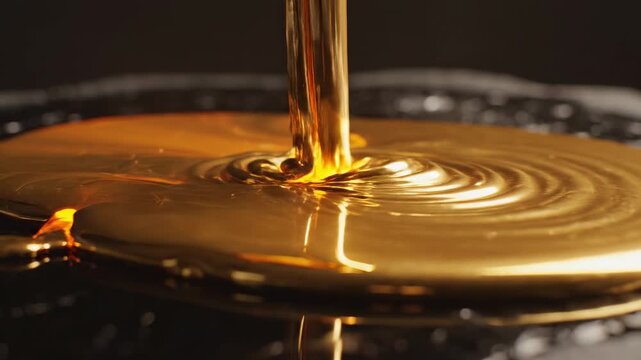Captivating Flow of Liquid Gold: Slow-Motion Cascade of Lustrous Molten Gold Creating Stunning Patterns on a Reflective Black Surface