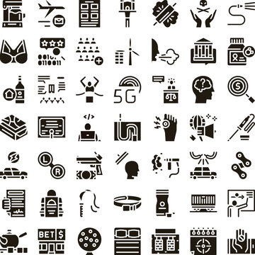 Collection of various glyph icons illustrating wide ranging concepts including healthcare, technology, finance, lifestyle, transportation, safety, and business on a clean white background