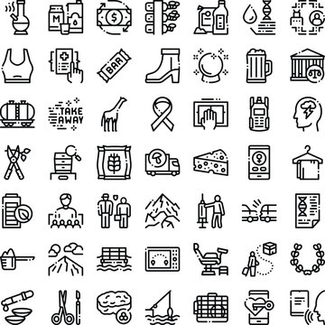 Set of line art icons illustrating common items, abstract symbols, and diverse concepts for graphic design, web development, and digital technology applications
