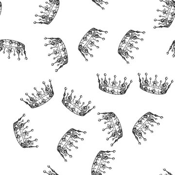seamless pattern symbol crown queen hand drawn. gold golden, set isolated, kingdom vintage symbol crown queen black sketch illustration