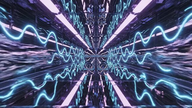 Futuristic Reflection: A Stunning Exploration of Colorful Waves and Reflections in a Hyper-Realistic Enclosed Space with Dynamic Lighting Effects