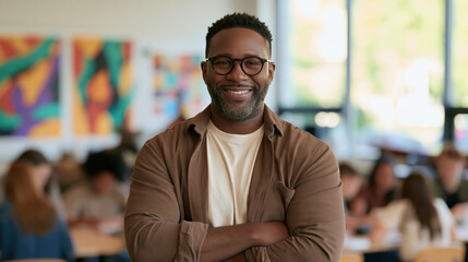 Fototapeta premium Warm environmental portrait of smiling middle aged Black male in cafe with crossed arms and colorful artwork