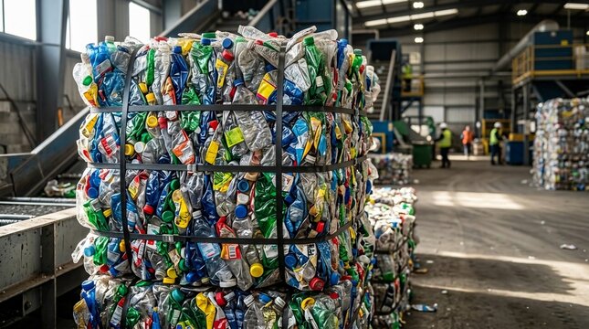 Large Bales of Crushed Plastic Bottles Stacked Within a Recycling Facility