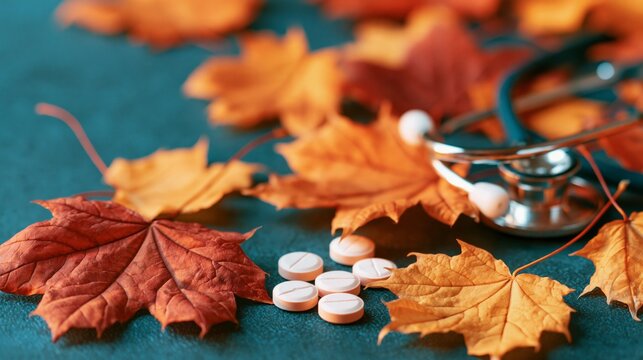 Autumn leaves rest on a green surface