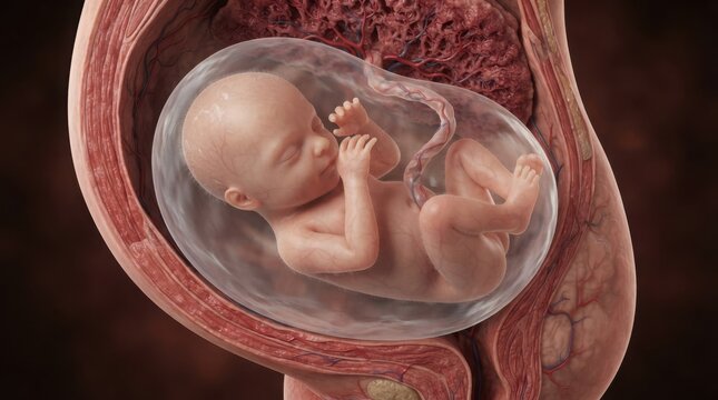 Fetus inside transparent amniotic sac illustration illustration