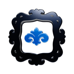 A decorative square frame with ornate curves and a central fleur de lis symbol, rendered in 3d with a dark black metallic finish and a bright blue center piece against a black background © REZAUL